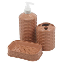 Urbn-Living Urbnliving 3 Pcs Rattan Colour Beige Bathroom Accessories Set Soap Dispenser Bar Soap Toothbrush Holder - thumbnail 3