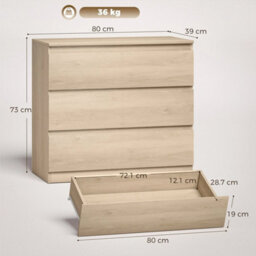Chest, 3-Drawer Storage Organiser Unit For Bedroom, Living Room, Oak - thumbnail 3