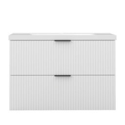 AVER-GROWTH 800mm Bathroom Vanity Unit With Ceramic Basin Sink 2 Drawer Wall Hung Black Handles Matt White Bathroom Cabinet Storage Cupboard - thumbnail 3