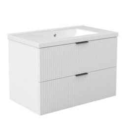 AVER-GROWTH 800mm Bathroom Vanity Unit With Ceramic Basin Sink 2 Drawer Wall Hung Black Handles Matt White Bathroom Cabinet Storage Cupboard - thumbnail 1
