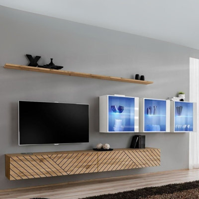 Switch Lamel Xvii Living Room Wall Unit Modern Furniture Set With Tv Cabinets Bookcases And Shelves Push To Open Wotan White Gloss - image 1