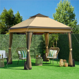Yaheetech Khaki/brown 3.3X3.3M Pop-Up Gazebo Tent With 4 Mesh Sidewalls