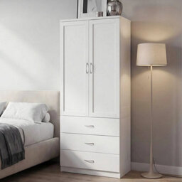 Tall Wooden 2 Door Wardrobe With 3 Drawers Bedroom Storage Furniture - thumbnail 3