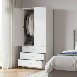Tall Wooden 2 Door Wardrobe With 3 Drawers Bedroom Storage Furniture - thumbnail 4