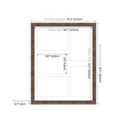 14X11 Inch 5 Opening Photo Collage Frame, Display Five 6X4 Inch Photos, Multi Aperture Family Picture Frame, Walnut - thumbnail 4