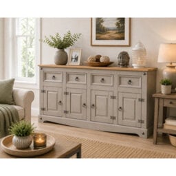 Grey Sideboard 4 Door 4 Drawer Large Painted Pine Solid Wooden Dresser - thumbnail 3