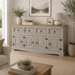 Grey Sideboard 4 Door 4 Drawer Large Painted Pine Solid Wooden Dresser - thumbnail 6
