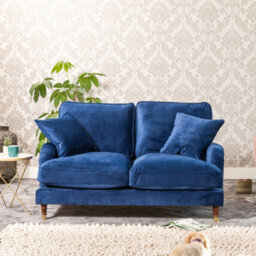 Mackenzie 150Cm Wide Marine Blue 2 Seat Velvet Fabric Sofa With Brass Coloured Wheel Tipped Walnut Coloured Wooden Legs