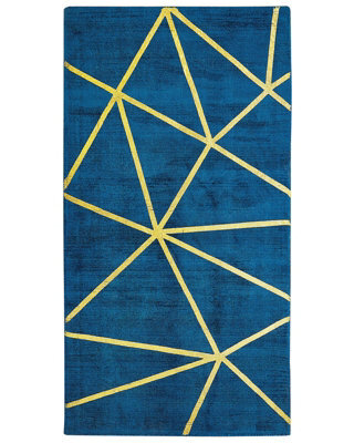 Beliani Modern Glam Blue Area Rug With Gold Geometric Grid, Handloomed Viscose-Cotton 80 X 150 Cm - image 1
