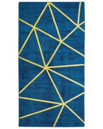 Beliani Modern Glam Blue Area Rug With Gold Geometric Grid, Handloomed Viscose-Cotton 80 X 150 Cm - thumbnail 1