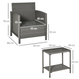 Wyld Haus Reha Rattan Light Grey 3-Piece Garden Bistro Set - 2 Cushioned Armchairs And 2-Tier Tempered Glass Table - thumbnail 3