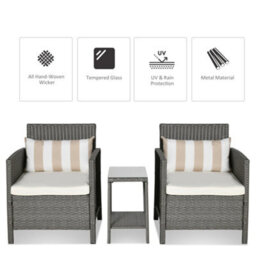 Wyld Haus Reha Rattan Light Grey 3-Piece Garden Bistro Set - 2 Cushioned Armchairs And 2-Tier Tempered Glass Table - thumbnail 4