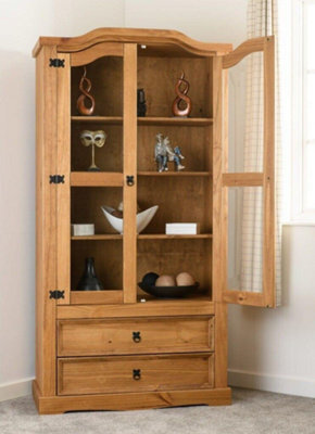 Seconique Corona 2 Door 2 Drawer Glass Display Unit Distressed Waxed Pine Glass - image 1