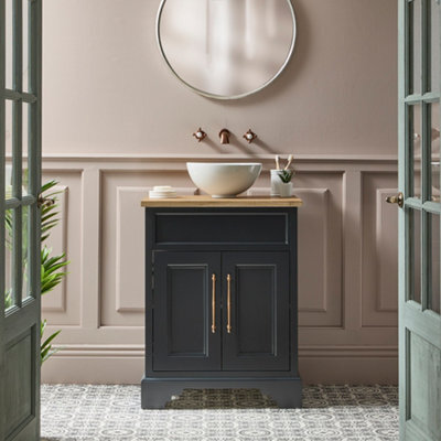 Homestylestore Black Grey And Oak 645mm Bathroom Vanity Unit With Round Countertop Basin And Brushed Copper T Bar Handles - image 1