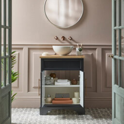 Homestylestore Black Grey And Oak 645mm Bathroom Vanity Unit With Round Countertop Basin And Brushed Copper T Bar Handles - thumbnail 2