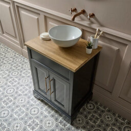 Homestylestore Black Grey And Oak 645mm Bathroom Vanity Unit With Round Countertop Basin And Brushed Copper T Bar Handles - thumbnail 3