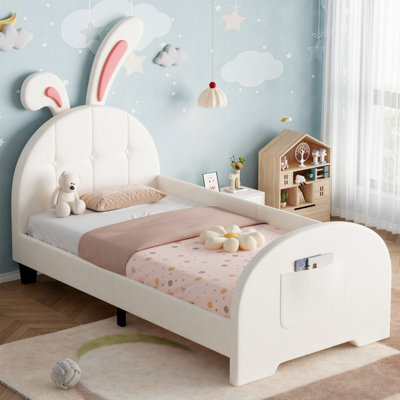 Abrihome Cream White Rabbit-Shaped Single Bed Frame - Bunny Ear Headboard, Pu Leather, Storage Pocket, Metal-Wood Frame (No Mattress) - image 1