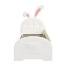 Abrihome Cream White Rabbit-Shaped Single Bed Frame - Bunny Ear Headboard, Pu Leather, Storage Pocket, Metal-Wood Frame (No Mattress) - thumbnail 9