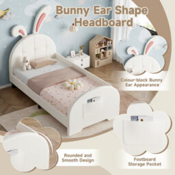 Abrihome Cream White Rabbit-Shaped Single Bed Frame - Bunny Ear Headboard, Pu Leather, Storage Pocket, Metal-Wood Frame (No Mattress) - thumbnail 5