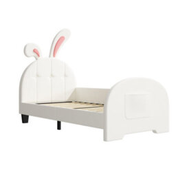 Abrihome Cream White Rabbit-Shaped Single Bed Frame - Bunny Ear Headboard, Pu Leather, Storage Pocket, Metal-Wood Frame (No Mattress) - thumbnail 8