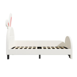 Abrihome Cream White Rabbit-Shaped Single Bed Frame - Bunny Ear Headboard, Pu Leather, Storage Pocket, Metal-Wood Frame (No Mattress) - thumbnail 7