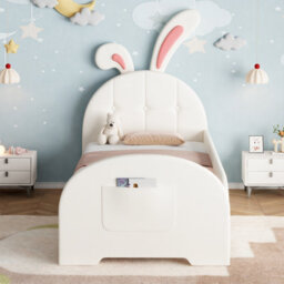 Abrihome Cream White Rabbit-Shaped Single Bed Frame - Bunny Ear Headboard, Pu Leather, Storage Pocket, Metal-Wood Frame (No Mattress) - thumbnail 3