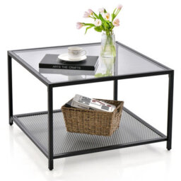 Costway Modern Glass Top Coffee Table Home Square Center Table Accent Sofa Side Table - thumbnail 2
