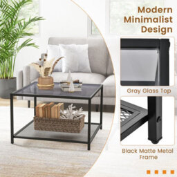 Costway Modern Glass Top Coffee Table Home Square Center Table Accent Sofa Side Table - thumbnail 9