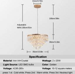 Crystal Pendant Light Gold Led Chandelier 40W 3 Color Lights - thumbnail 2