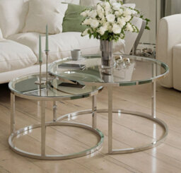 Q&p Furniture Nova Modern Nest Coffee Table  2 Piece Set With Chrome Silver Legs Tempered Glass Top - thumbnail 1