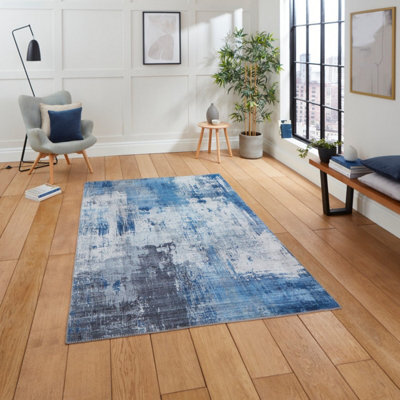 Blue Modern Easy To Clean Abstract Rug For Living Room, Bedroom - 120Cm X 170Cm