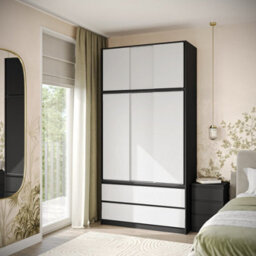 Urbn-Living Urbnliving 240Cm Height Black Carcass 6 Sliding White Door 4 Drawer Freestanding Wardrobe Clothes Storage Hanging Rail Bedroom - thumbnail 2