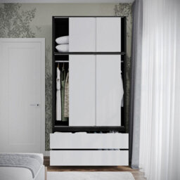 Urbn-Living Urbnliving 240Cm Height Black Carcass 6 Sliding White Door 4 Drawer Freestanding Wardrobe Clothes Storage Hanging Rail Bedroom - thumbnail 6
