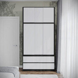 Urbn-Living Urbnliving 240Cm Height Black Carcass 6 Sliding White Door 4 Drawer Freestanding Wardrobe Clothes Storage Hanging Rail Bedroom - thumbnail 5