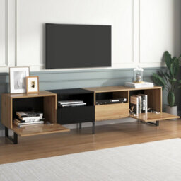 Btm 190 Cm Modern Tv Stand In Black And  Wood, Large Storage With Doors And  Drawers, Sturdy Entertainment Unit - thumbnail 4