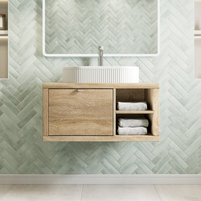 Affine 800mm Countertop Bathroom Vanity Unit Fluted Basin Sink Wall Hung Rh Shelves Oak - image 1