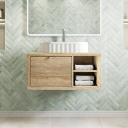 Affine 800mm Countertop Bathroom Vanity Unit Fluted Basin Sink Wall Hung Rh Shelves Oak - thumbnail 1