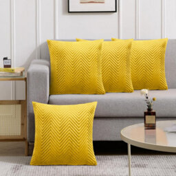 Ameha Ochre Embossed Velvet Cushions Set, 18X18 Inch, Includes 4 Filled Cushions & 4 Covers, Breathable & Anti Allergic - thumbnail 3