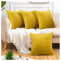 Ameha Ochre Embossed Velvet Cushions Set, 18X18 Inch, Includes 4 Filled Cushions & 4 Covers, Breathable & Anti Allergic