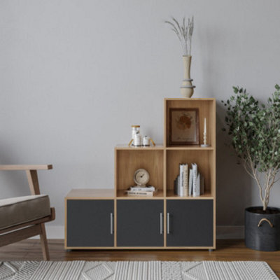 Urbn-Living Urbnliving 91Cm Height 6 Cube Step Oak Storage Bookcase Shelf Unit Black Wooden Door With Metal Handle - image 1