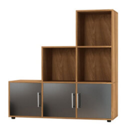 Urbn-Living Urbnliving 91Cm Height 6 Cube Step Oak Storage Bookcase Shelf Unit Black Wooden Door With Metal Handle - thumbnail 2