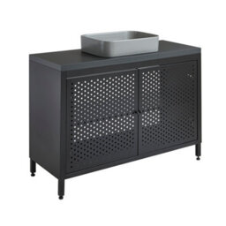 Homestylestore 1200mm Black Metal Floorstanding Bathroom Vanity Unit Black Grey Countertop And Rectangular Pebble Basin - thumbnail 1