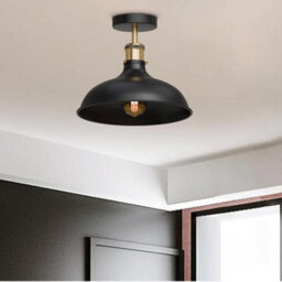 Vintage Semi-Flush Mount Lighting E27 Base Holder With 36Cm Lamp Shade Black Industrial Ceiling Light For Kitchen, Living Room