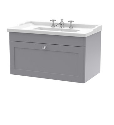 Balterley Swynnerton Traditional 1 Drawer Wall Hung Vanity Unit With Basin, Satin Grey, 800mm - image 1