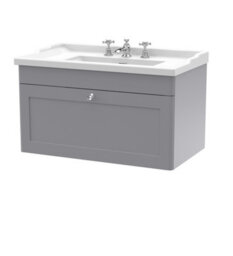 Balterley Swynnerton Traditional 1 Drawer Wall Hung Vanity Unit With Basin, Satin Grey, 800mm