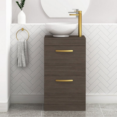Royal Bathrooms 500mm Floor Standing Vanity Unit 2 Drawer Grey Elm & Countertop Basin - Breeze With Brushed Brass Handle - image 1