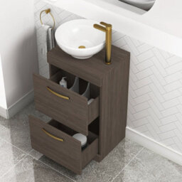 Royal Bathrooms 500mm Floor Standing Vanity Unit 2 Drawer Grey Elm & Countertop Basin - Breeze With Brushed Brass Handle - thumbnail 3