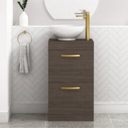 Royal Bathrooms 500mm Floor Standing Vanity Unit 2 Drawer Grey Elm & Countertop Basin - Breeze With Brushed Brass Handle - thumbnail 1