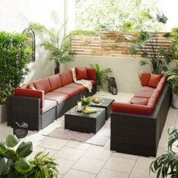 Furniturebox Orlando Orange Brown Rattan Garden Sofa Modular Outdoor Patio Couch Seating, Table & 10 Chairs Garden Corner Sofa Set - thumbnail 6