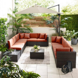 Furniturebox Orlando Orange Brown Rattan Garden Sofa Modular Outdoor Patio Couch Seating, Table & 10 Chairs Garden Corner Sofa Set - thumbnail 4